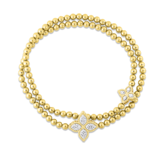 Roberto Coin 18K Yellow Gold Diamond Princess Flower Two Station Stretch Bracelet with 16 Round Diamonds 0.20 CTW G-H SI