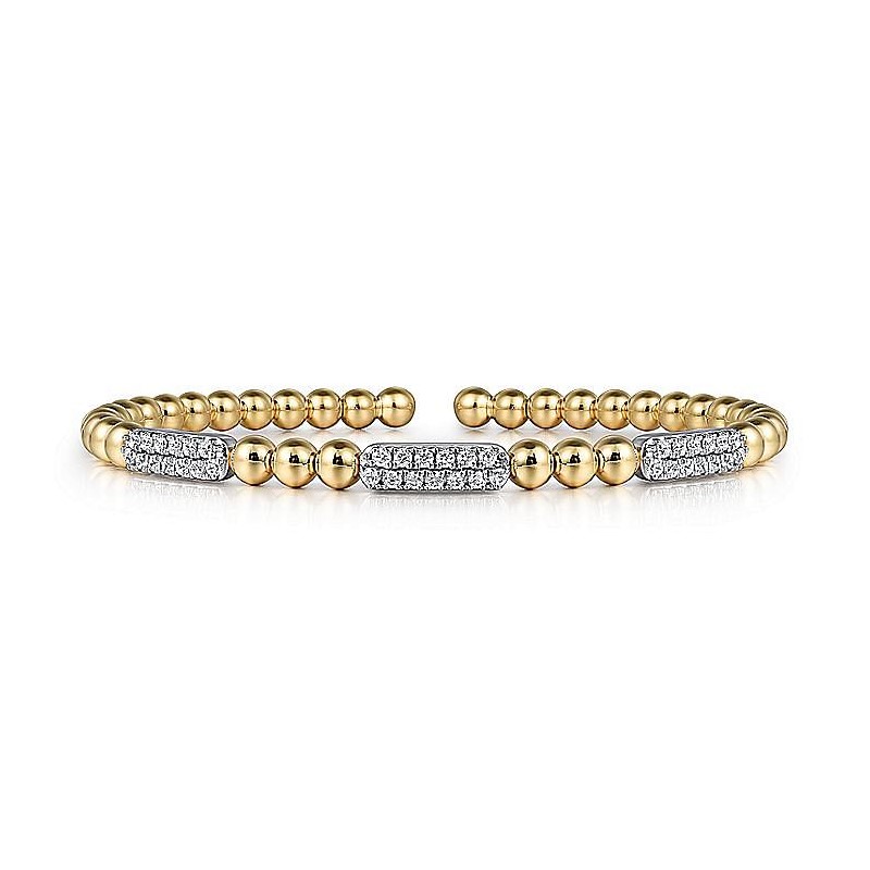 Gabriel & Co 14K Yellow Gold Diamond Pave Three Station Bar Bujukan Beads Split Bangle