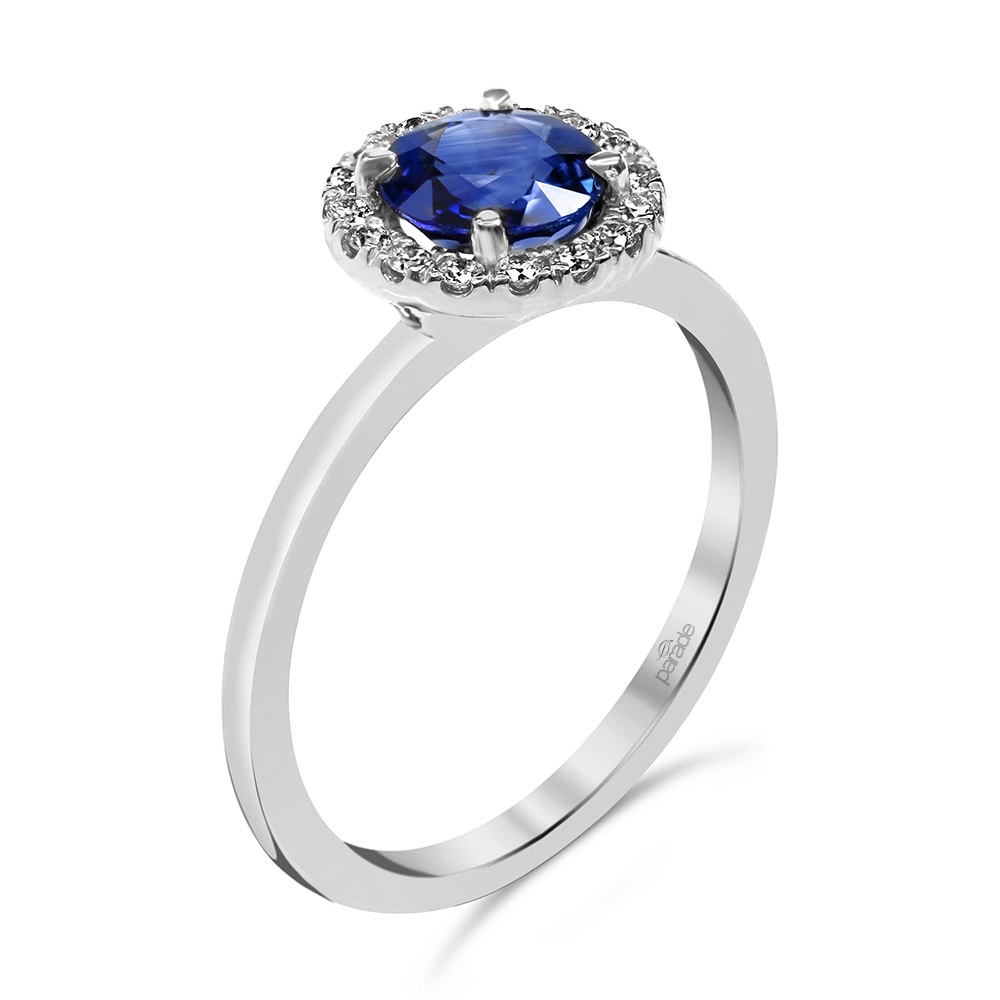 Parade 18K White Gold Ring with 1 Round Sapphire 0.75 Cts & 9 Round Diamonds .09 Tcw G-H SI1