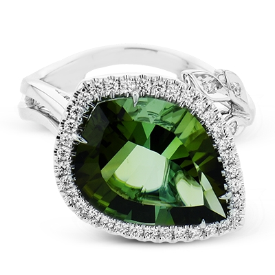 Simon G 18K White Gold Ring with 1 Green Tourmaline 5.46 Cts & 38 Round Diamonds 0.26 Tcw G-H VS2-SI1