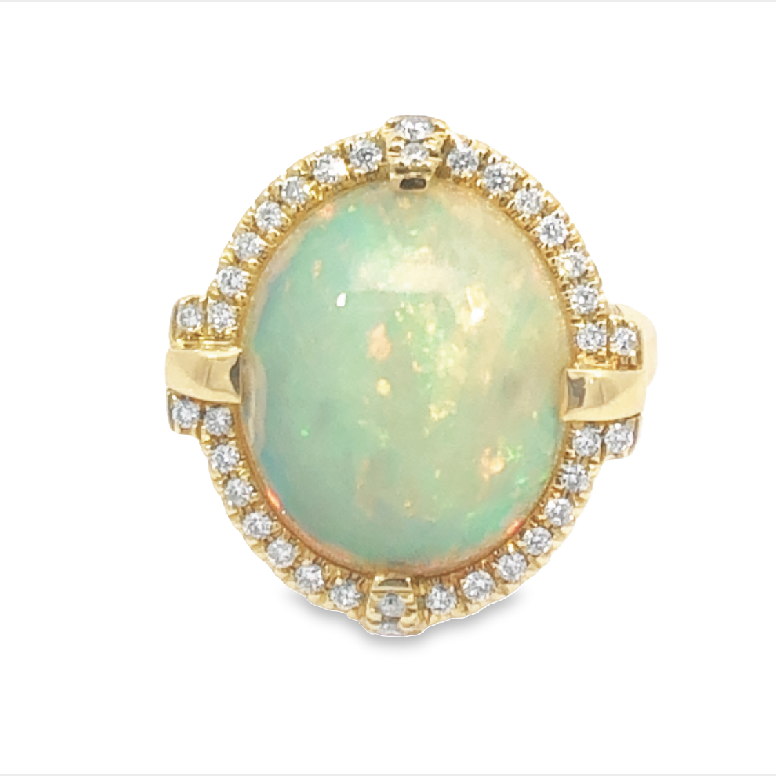 14K Yellow Gold Ring with 1 Oval Opal 6.44 Cts & 48 Round Diamonds 0.45 Tcw G-H SI