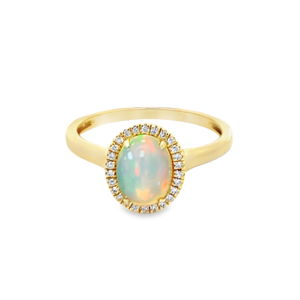 14K Yellow Gold Ring with 1 Oval Opal 0.76 Cts & 26 Round Diamonds 0.08 Tcw G-H SI