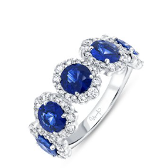 Uneek 18K White Gold Band with 5 Round Blue Sapphires 2.37 CTW & 70 Round Brilliant Cut Diamonds 0.65 CTW G-H VS2-SI1