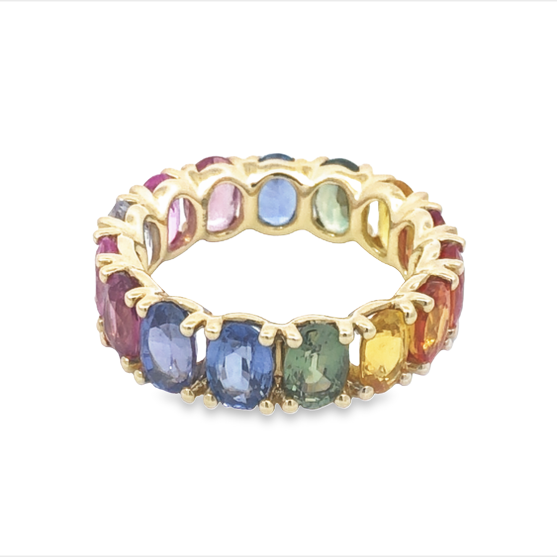 14K Yellow Gold Ring with 15 Fancy Color Round Sapphires 8.87 Tcw