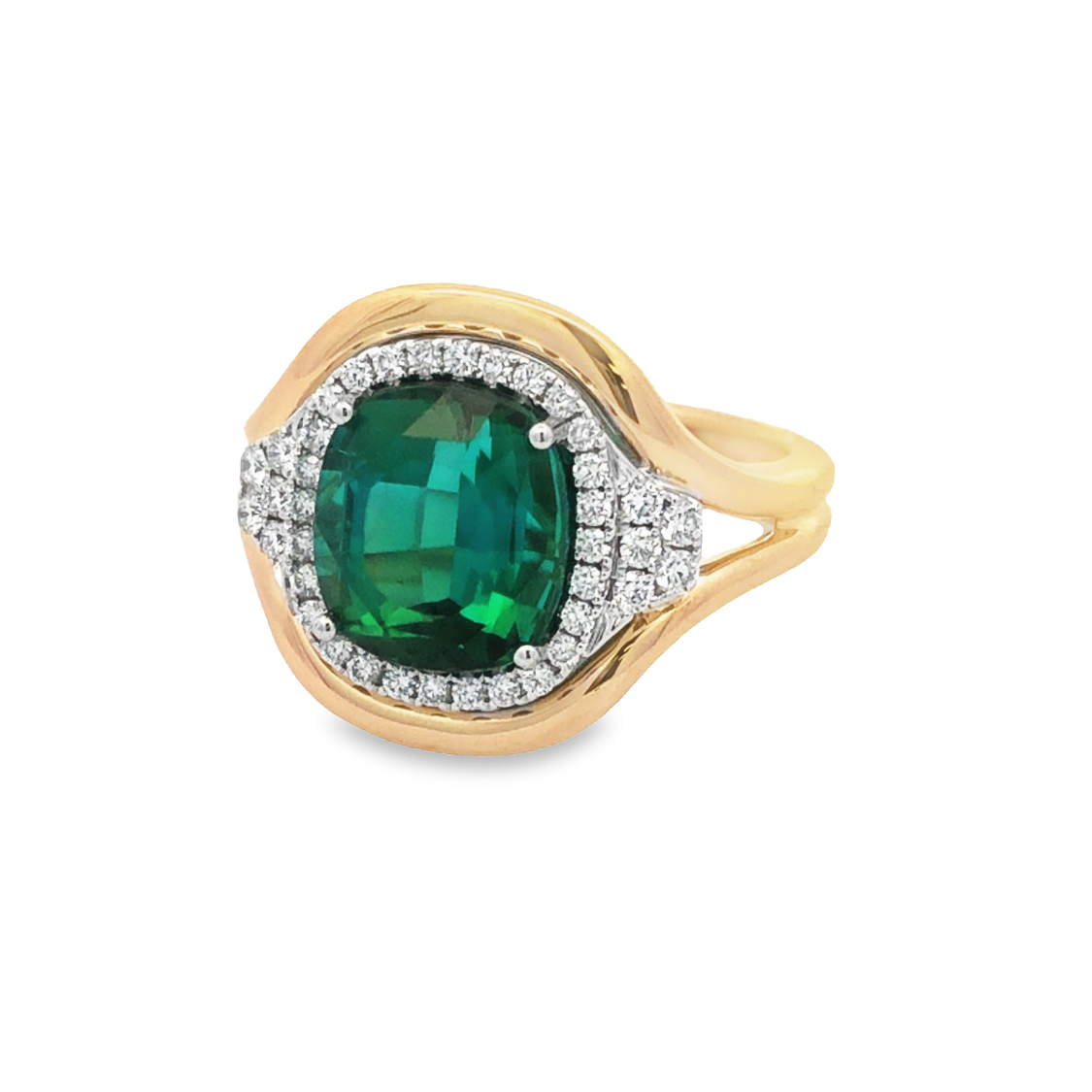 18K Yellow and White Gold Green Tourmaline and Diamond Ring with 1 Cushion Green Tourmaline 4.01ct and Round Diamonds 0.32ctw