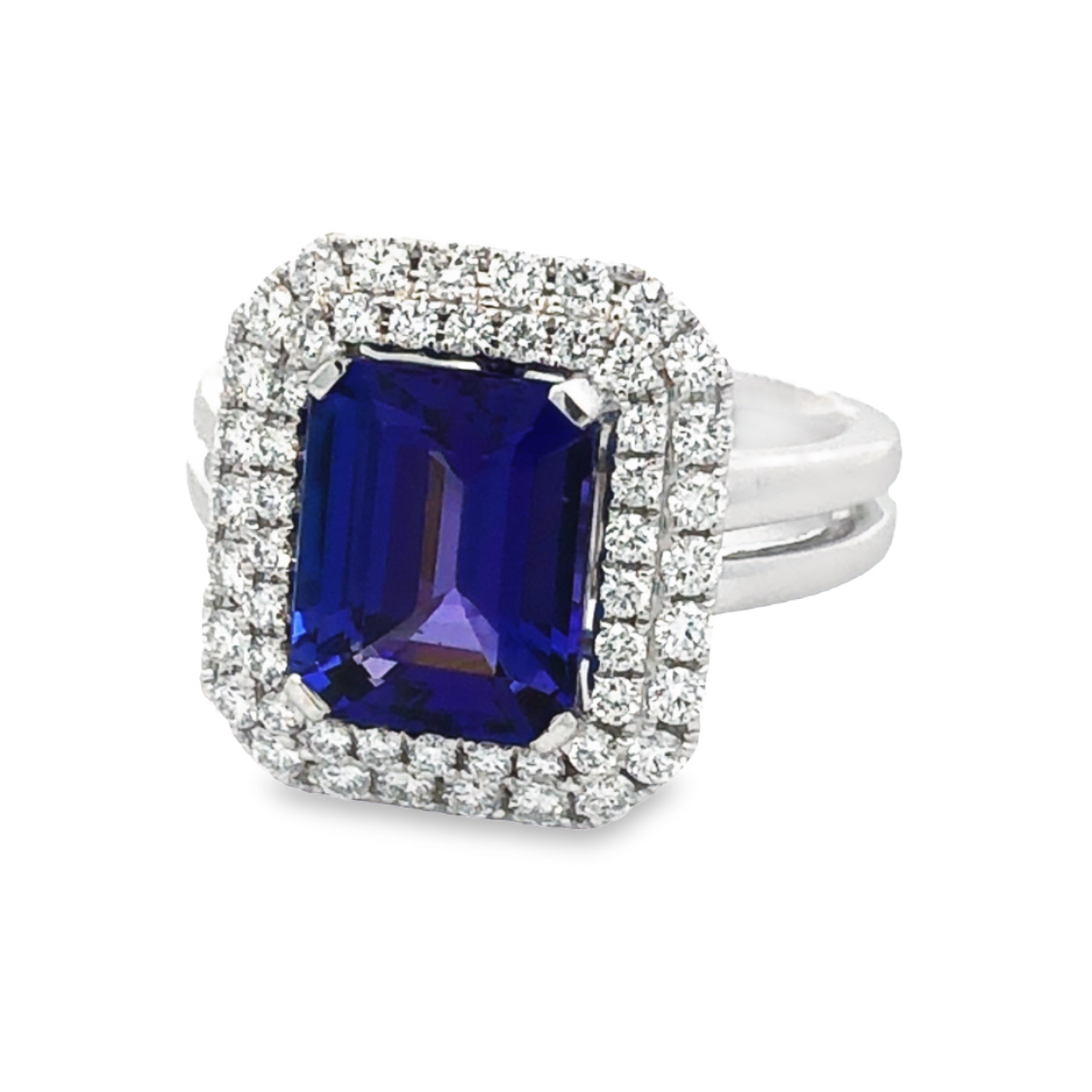 18K White Gold Tanzanite and Diamond Ring with 1 Emerald Cut Tanzanite 3.72ct and 52 Round Diamonds 0.67ctw G-H VS