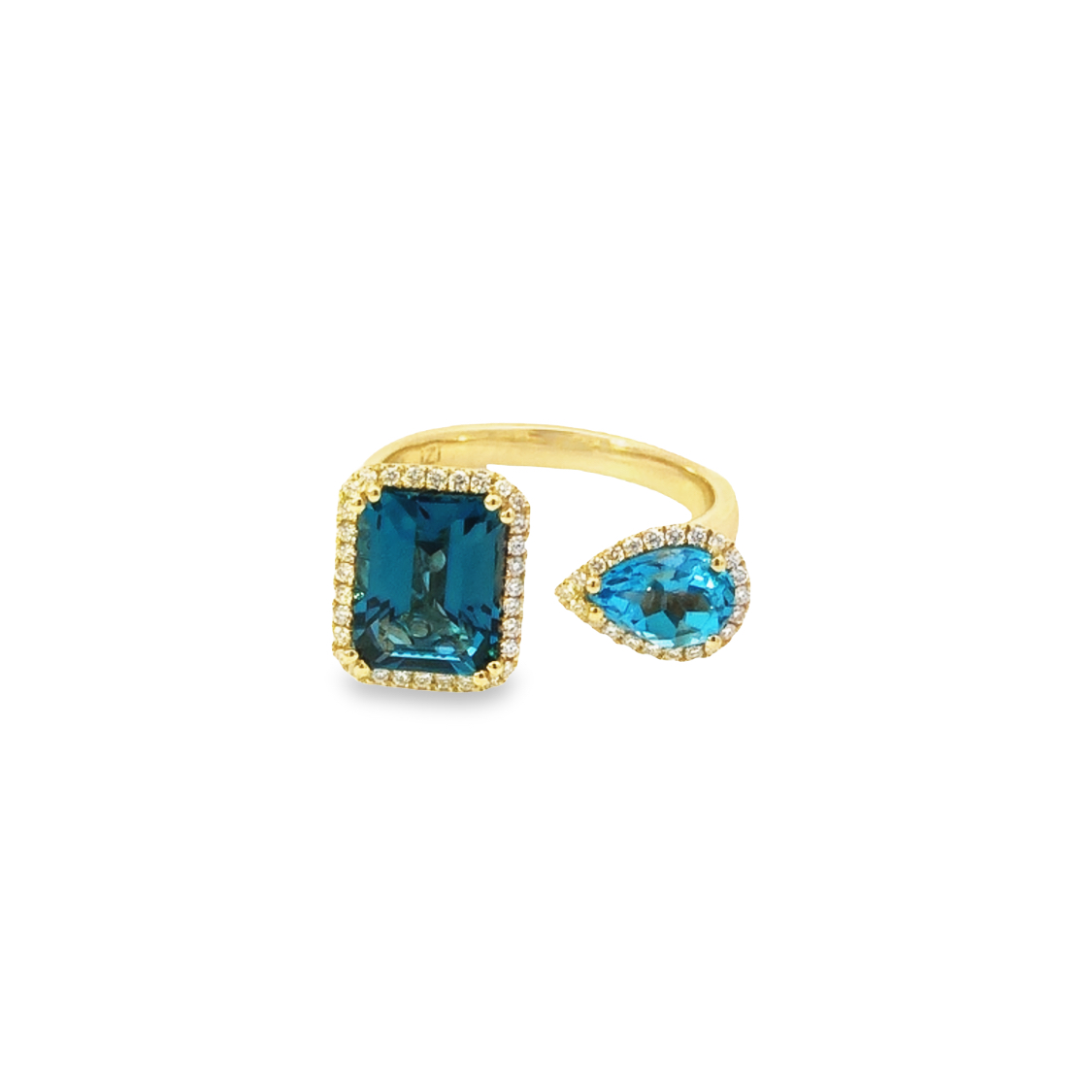 14K Yellow Gold Ring with 1 Pear Cut Blue Topaz 0.92 TCW & 1  Emerald Cut London Blue Topaz 1.98 TCW & Round Brilliant Cut Diamonds 0.19 TCW