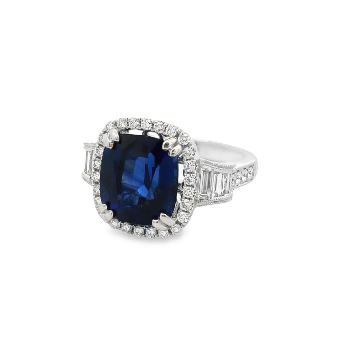 18K White Gold Sapphire and Diamond Ring with 1 Cushion Cut Sapphire from Madagascar