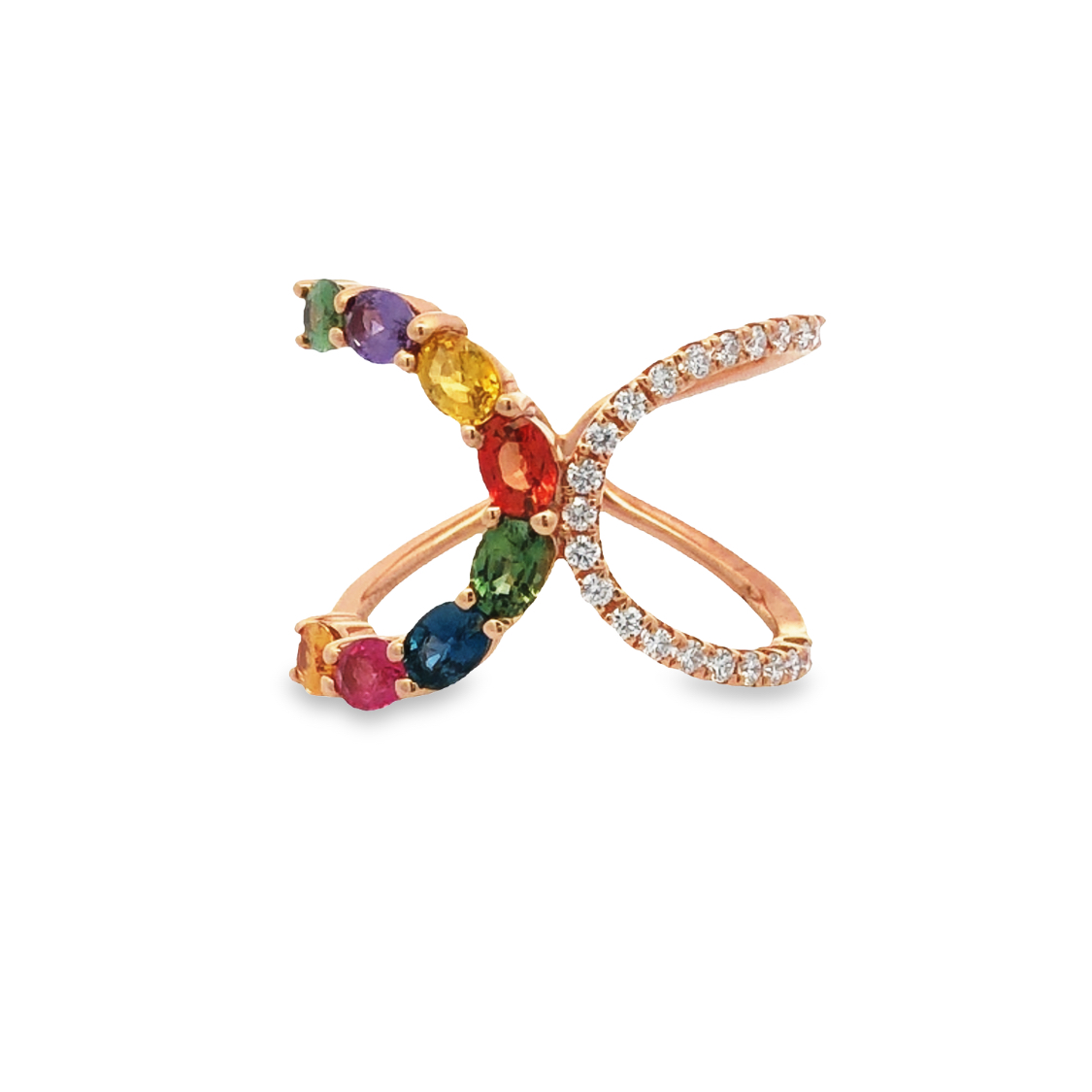 18K Rose Gold Rainbow Sapphire and Diamond Ring