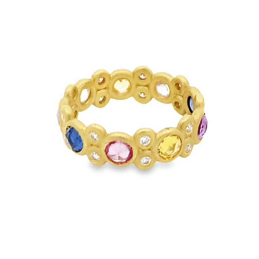 Lauren K 18K Yellow Gold Multicolor Sapphire Ring with 9 Rose Cut Fancy Sapphires