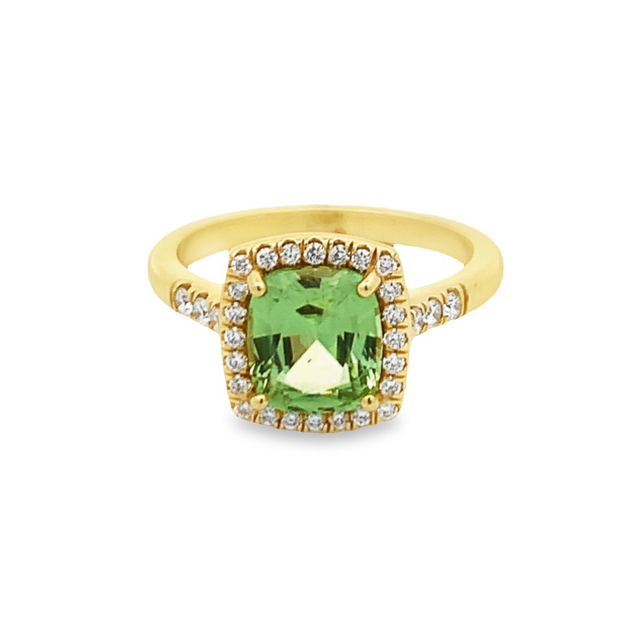 Lauren K 18K Yellow Gold Green Garnet Halo Ring with 1 Cushion Cut Green Garnet