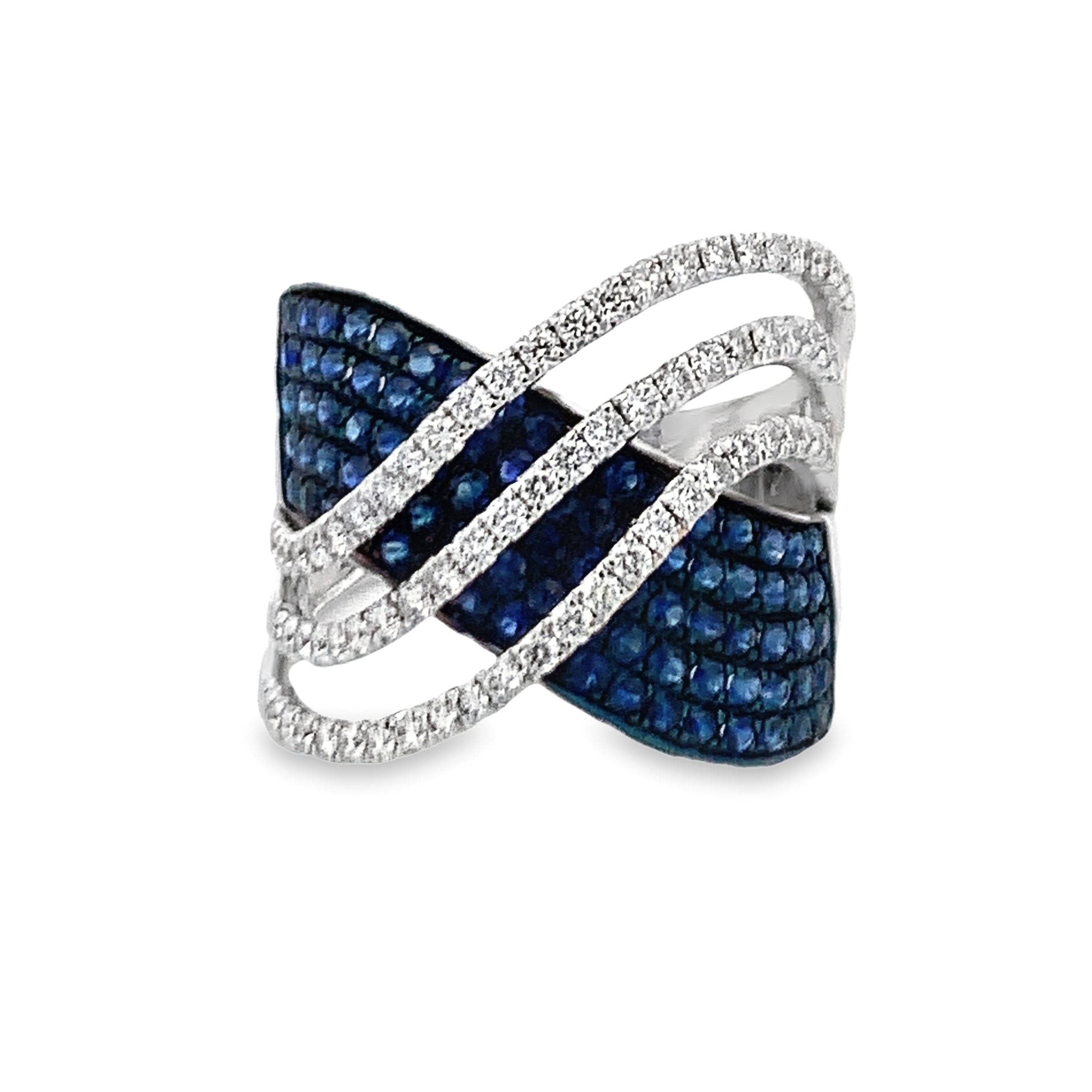18K White Gold Blue Sapphire and Diamond Wave Ring