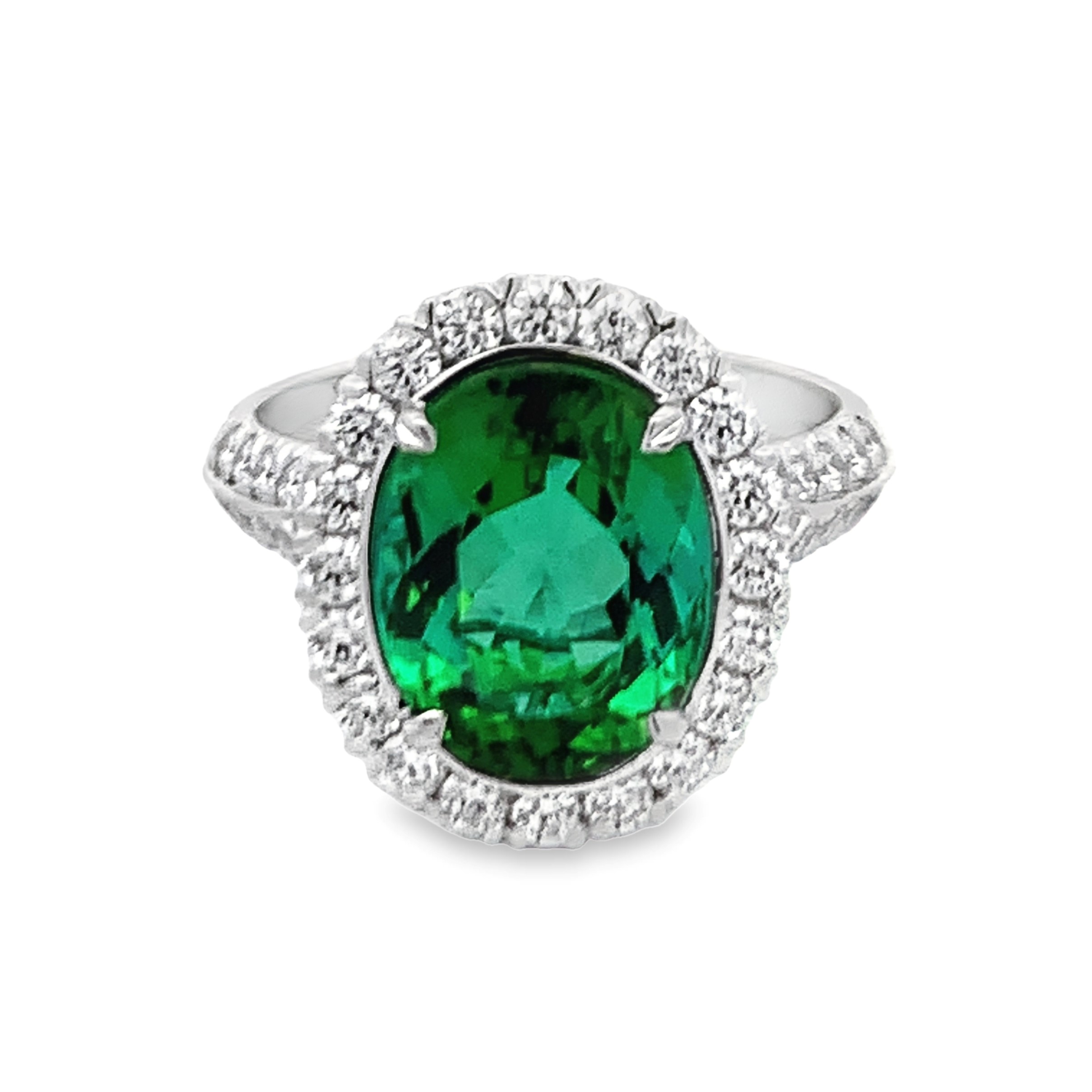 Christopher Designs 18K White Gold Ring with 1 Natural Oval Cut Green Tourmaline 4.22 TCW & 48 Round Diamonds 0.81 TCW G SI2