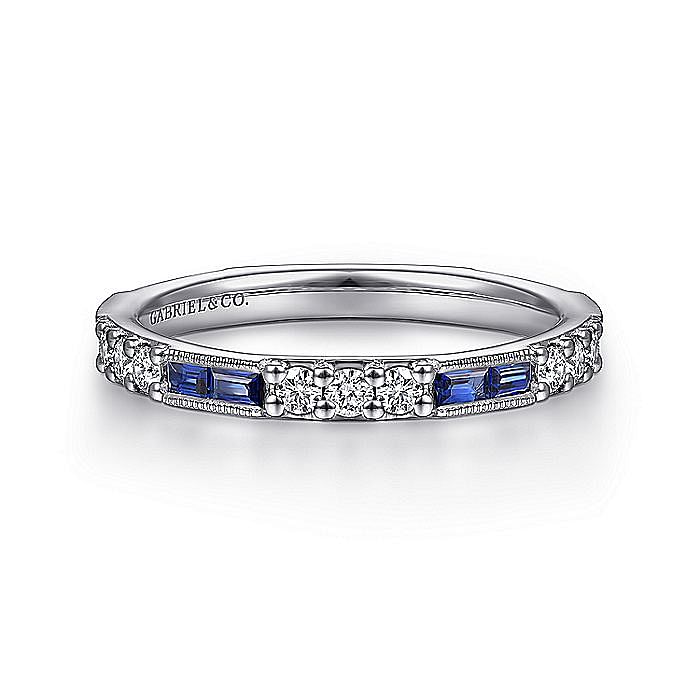 Gabriel & Co. 14K White Gold Anniversary Band with 8 Baguette Sapphires 0.40 Tcw & 15 Round Diamonds 0.38 Tcw H-I SI2