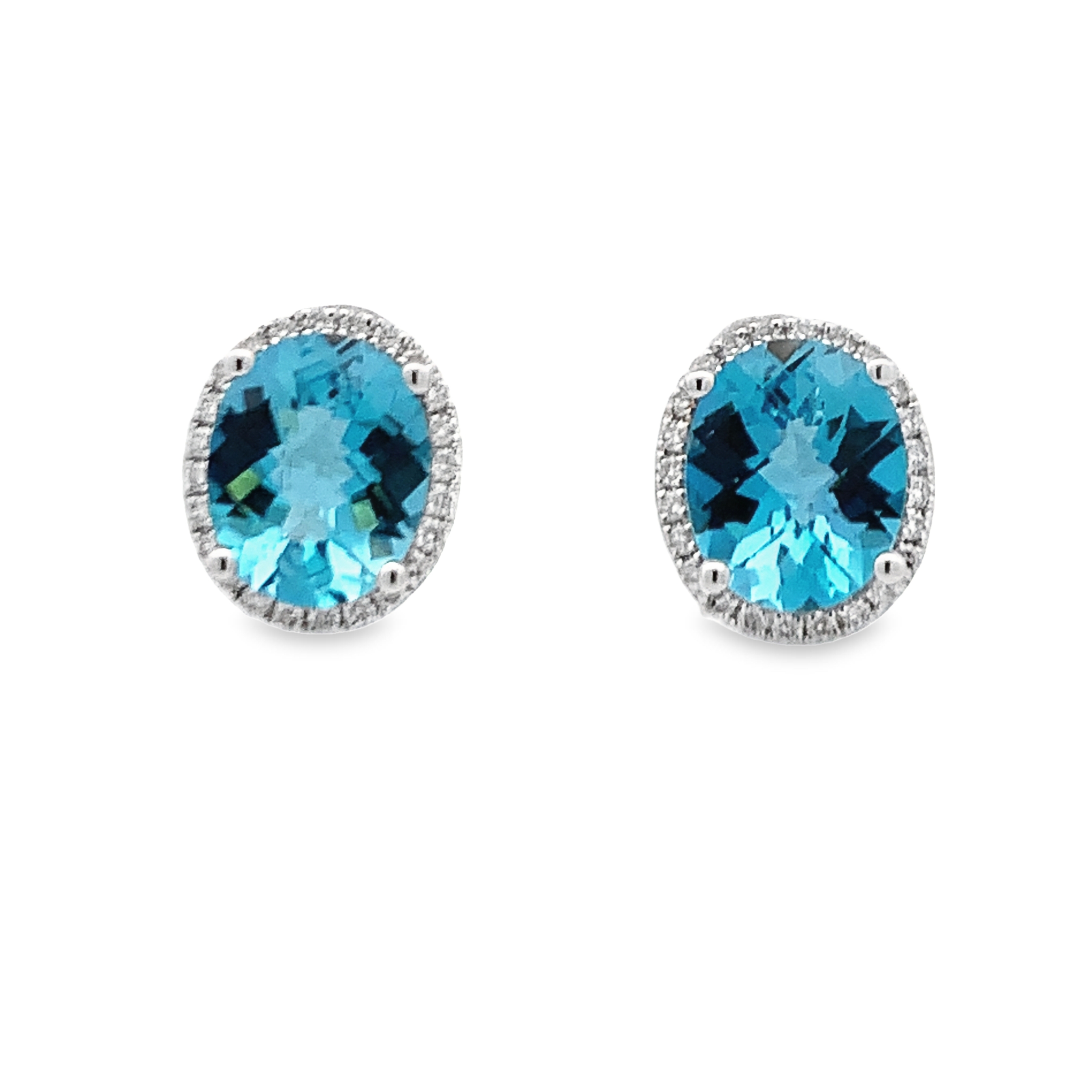 14K White Gold Diamond and Blue Topaz Halo Stud Earrings