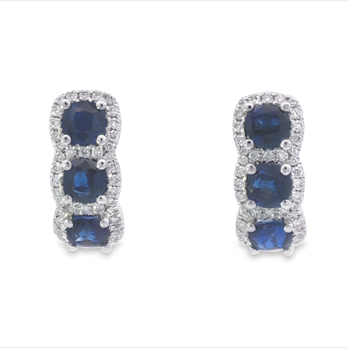 14K White Gold Hoop Earrings with 6 Round Sapphires 2.48 TCW & Round Diamonds 0.35 TCW