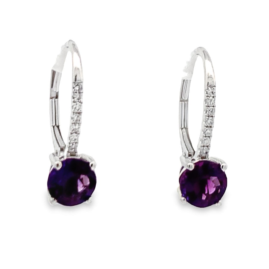 14K White Gold Lever Back Earrings with 2 Round Amethyst 1.53 Tw & Round Diamonds .10 Tcw H-I I2