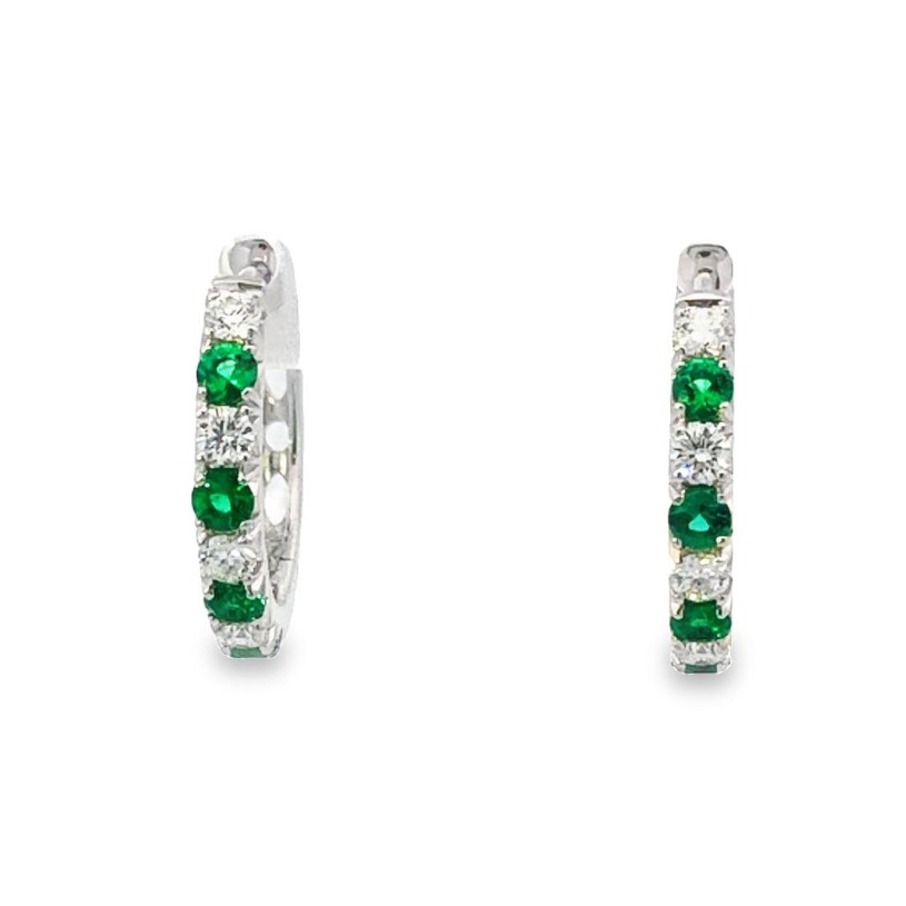 18K White Gold Hoop Earrings with 88888 Round Emeralds 0.32 Tcw & 8 Round Diamonds 0.32 Tcw G-H VS