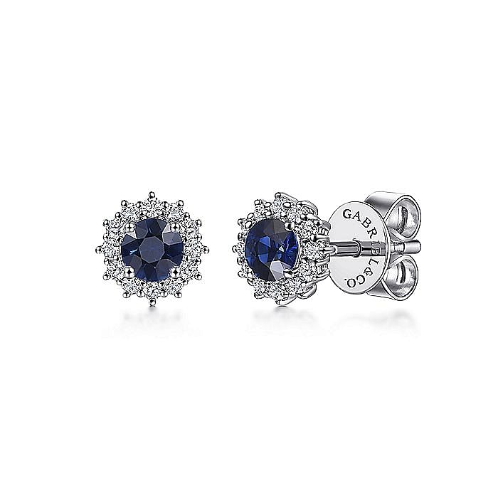 Gabriel & Co. 14K White Gold Earrings with 2 Round Blue Sapphires 0.58 Tcw with 24 Round Brilliant Cut Diamonds 0.25 Tcw H-I SI2