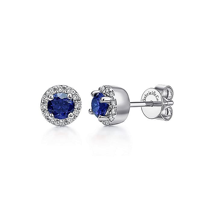 Gabriel & Co. 14K White Gold Earrings with 2 Round Brilliant Cut Blue Sapphires 0.64 Tcw & 24 Round Brilliant Cut Diamonds 0.12 Tcw H-I SI2