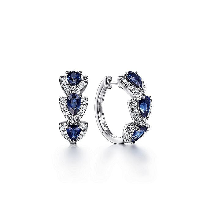 Gabriel & Co. 14K White Gold Hoop Earrings with 3 Pear Cut Blue Sapphires 1.54 Tcw & 54 Round Diamonds 0.32 Tcw H-I SI2