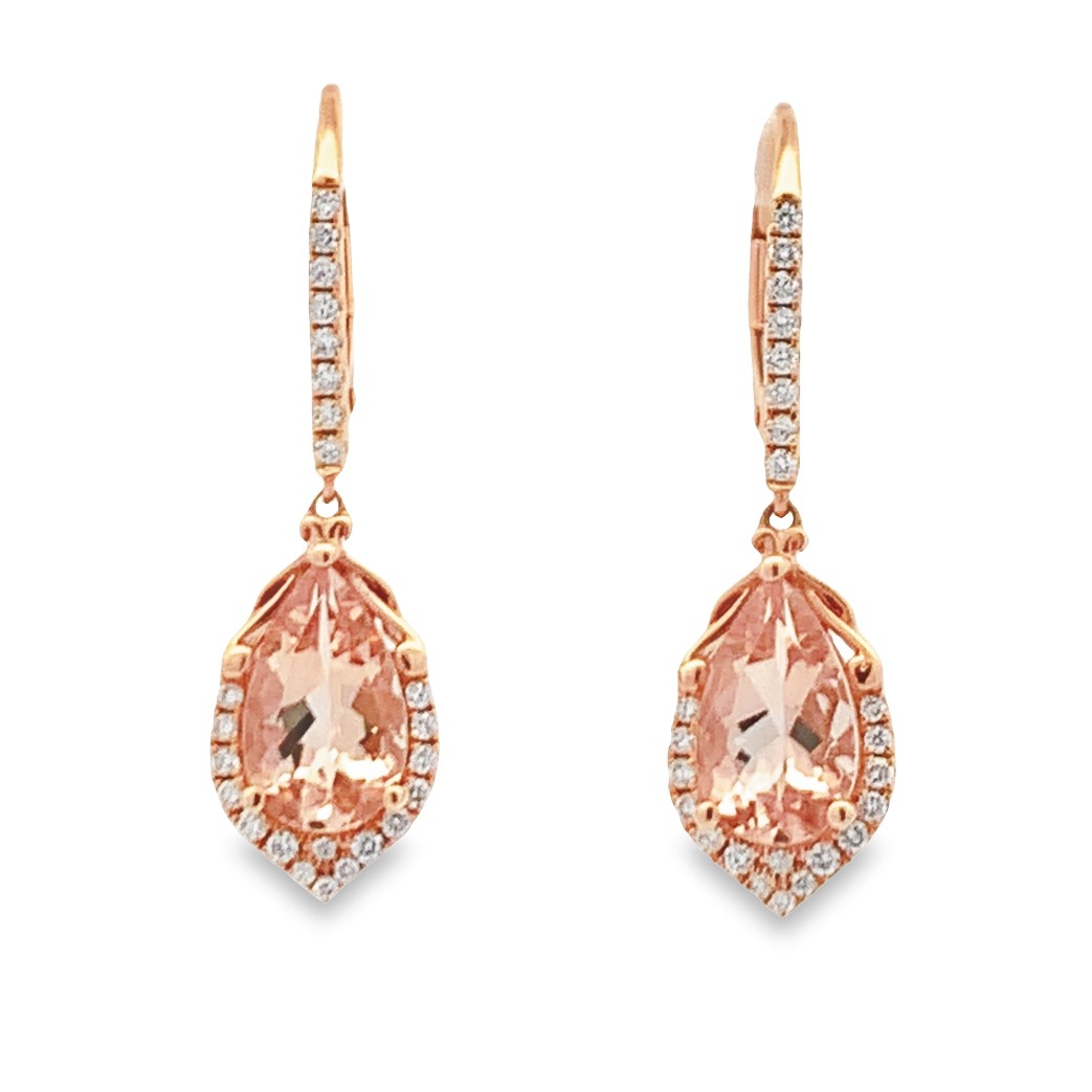 14K Rose Gold Earrings with 2 Pear Cut Morganite 2.44 Tcw & Round Brilliant Cut Diamonds 0.29 Tcw G-H SI1