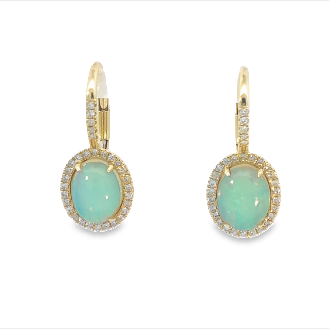 14K Yellow Gold Earrings with 2 Round Oval Opals 1.56 Tcw & 62 Round Diamonds 0.17 Tcw G-H SI