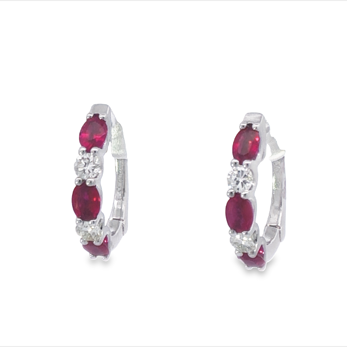 14K White Gold Hoop Earrings with 6 Oval Rubies 1.10 Tcw & 4 Round Diamonds 0.35 Tcw