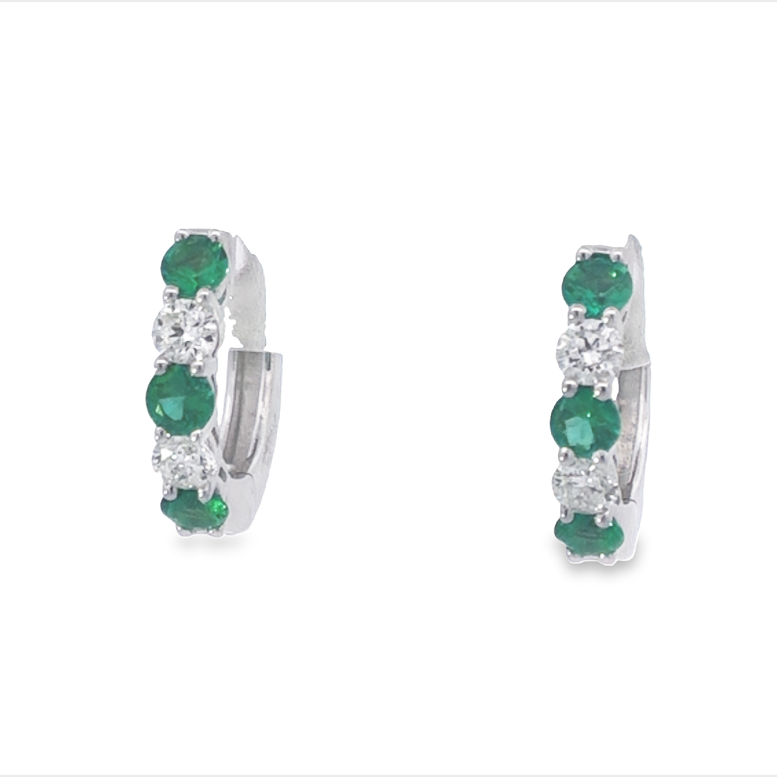 14K White Gold Hoop Earrings with 6 Round Emeralds 0.47 Tcw & 4 Round Diamonds 0.33 Tcw