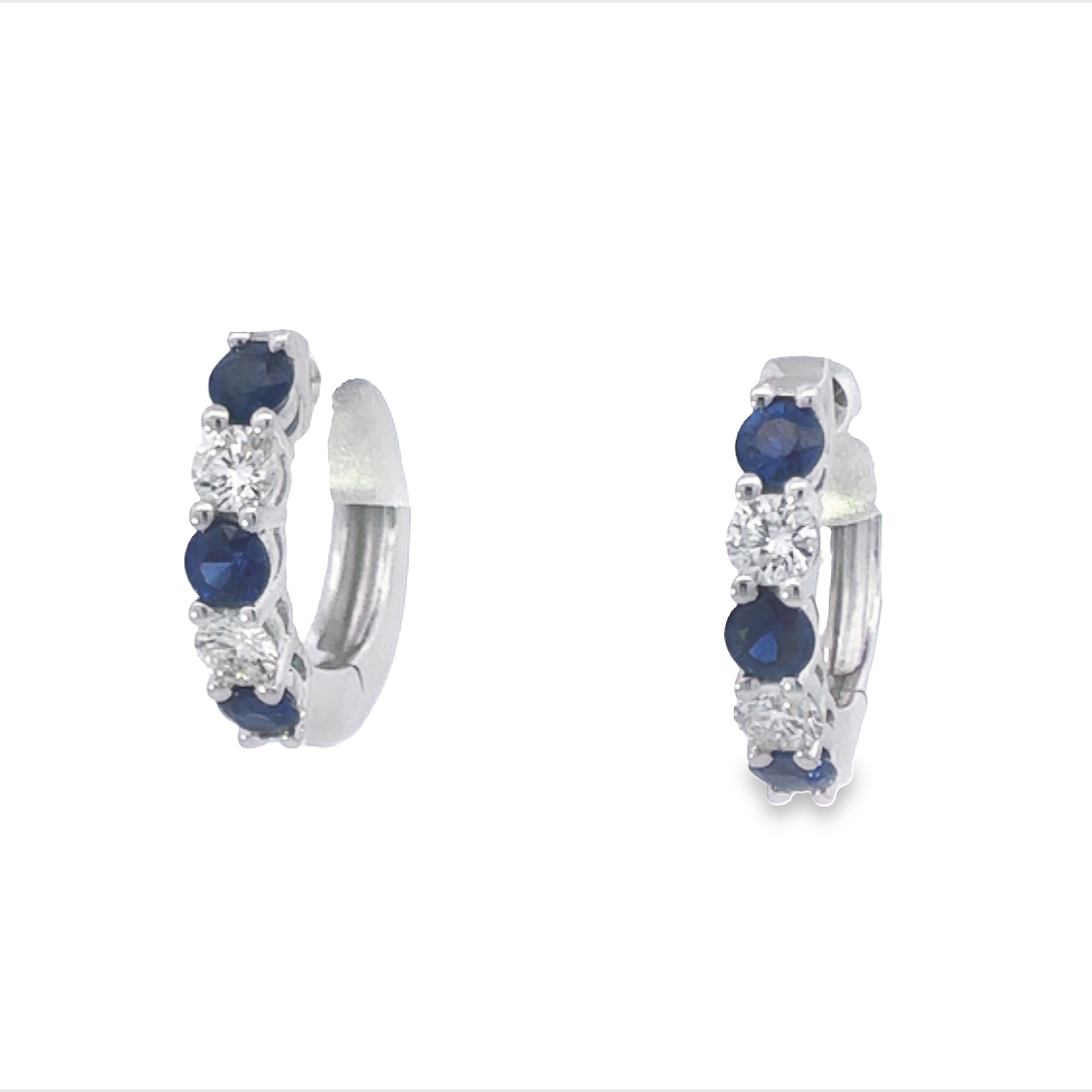 14K White Gold Hoop Earrings with 6 Round Blue Sapphires 0.63 Tcw & 2 Round Diamonds
