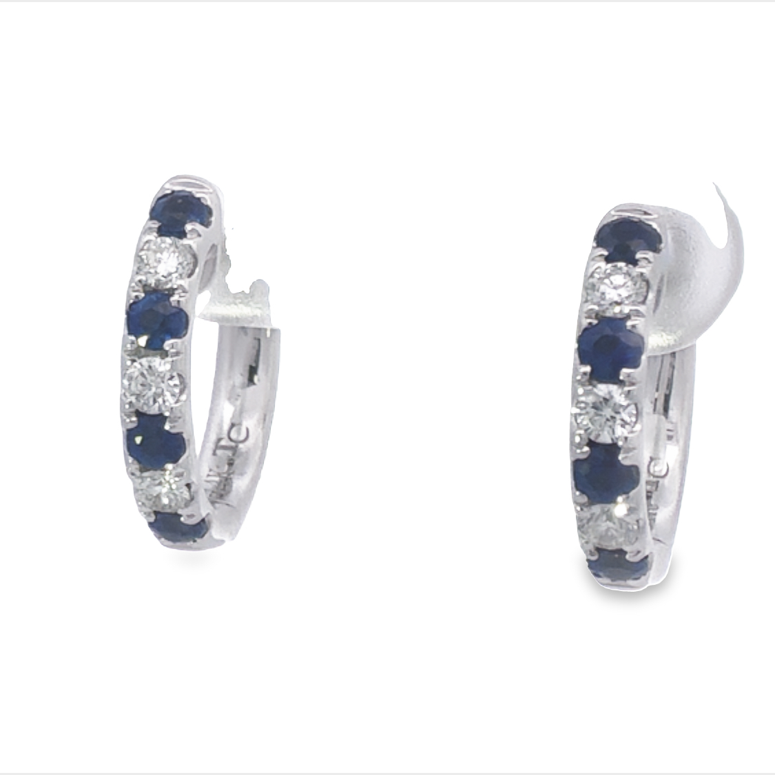 14K White Gold Hoop Earrings with 8 Round Blue Sapphires 0.47 Tcw & 6 Round Diamonds 0.24 Tcw