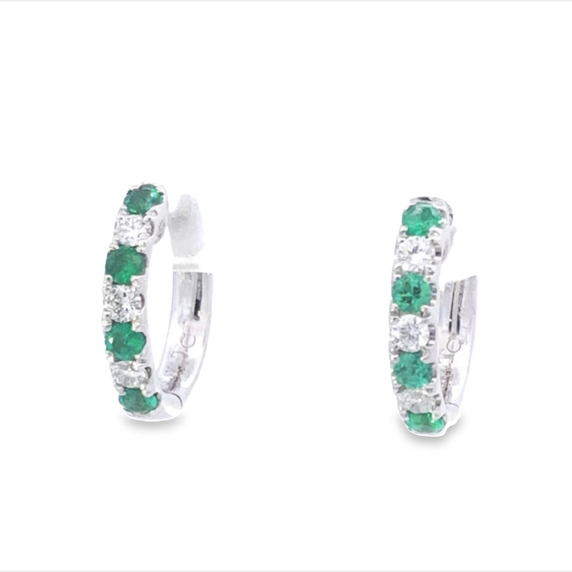 14K White Gold Hoop Earrings with 8 Round Emeralds 0.31 Tcw & 6 Round Diamonds 0.24 Tcw