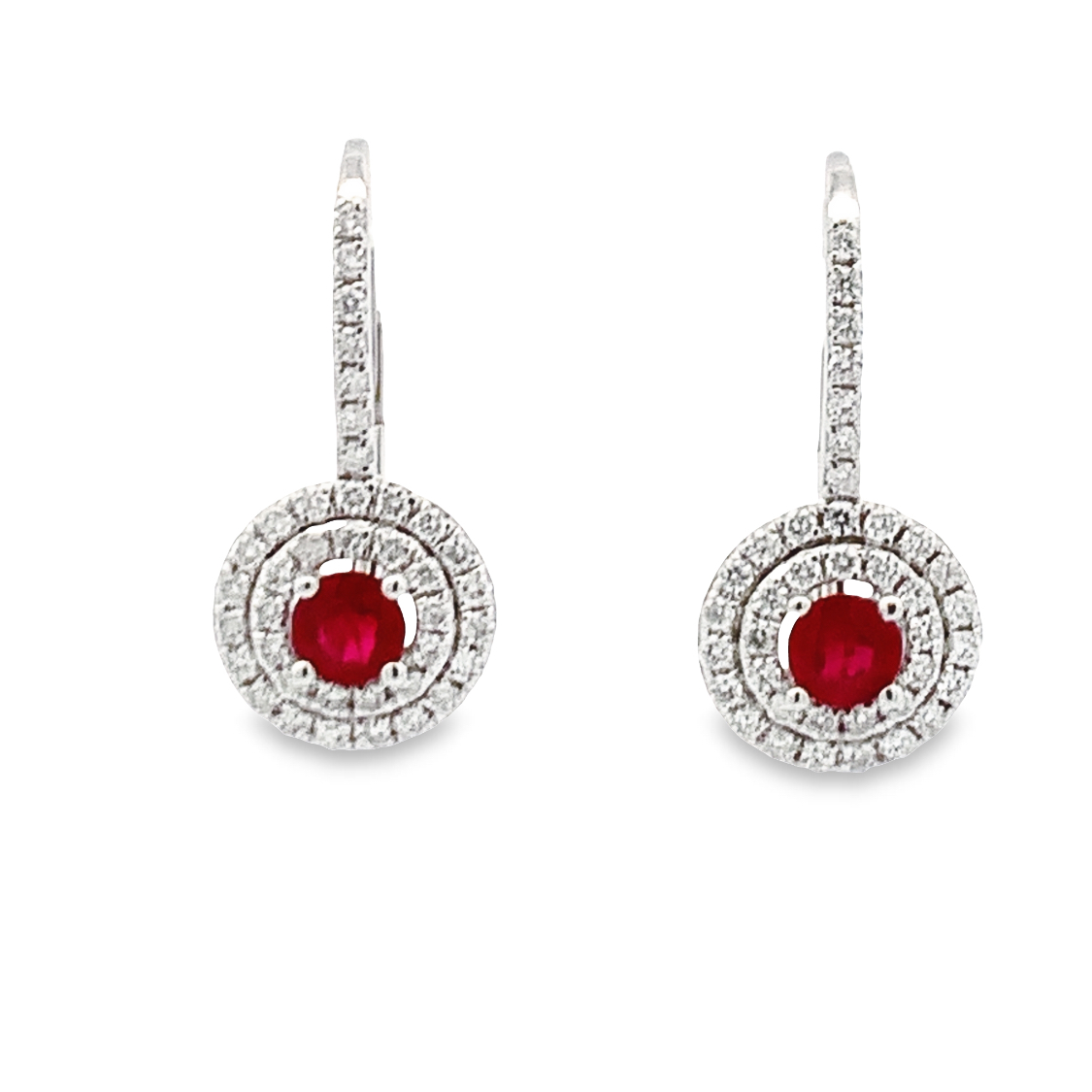 14K White Gold Leverback Earrings Round Rubies
