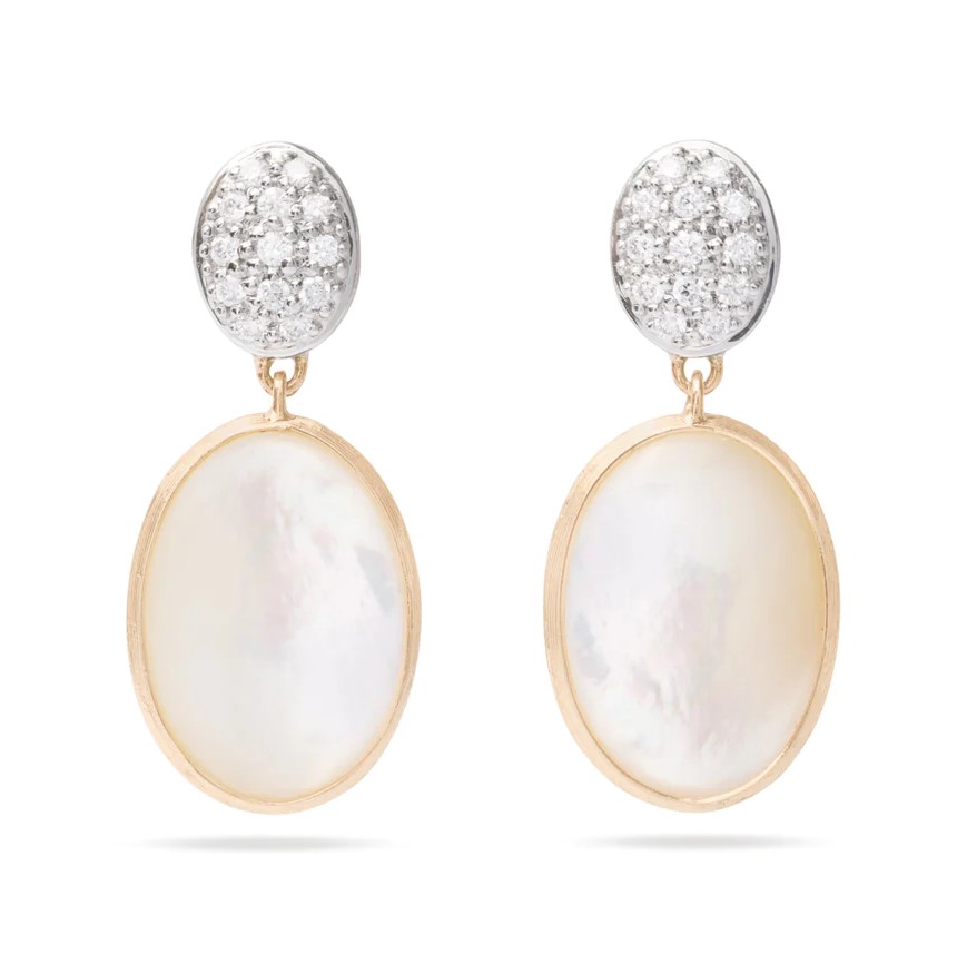 Marco Bicego 18K Yellow & White Gold Siviglia Earrings with 2 Oval Cabochan Mother of Pearl Stones & Round Diamonds 0.20 TCW