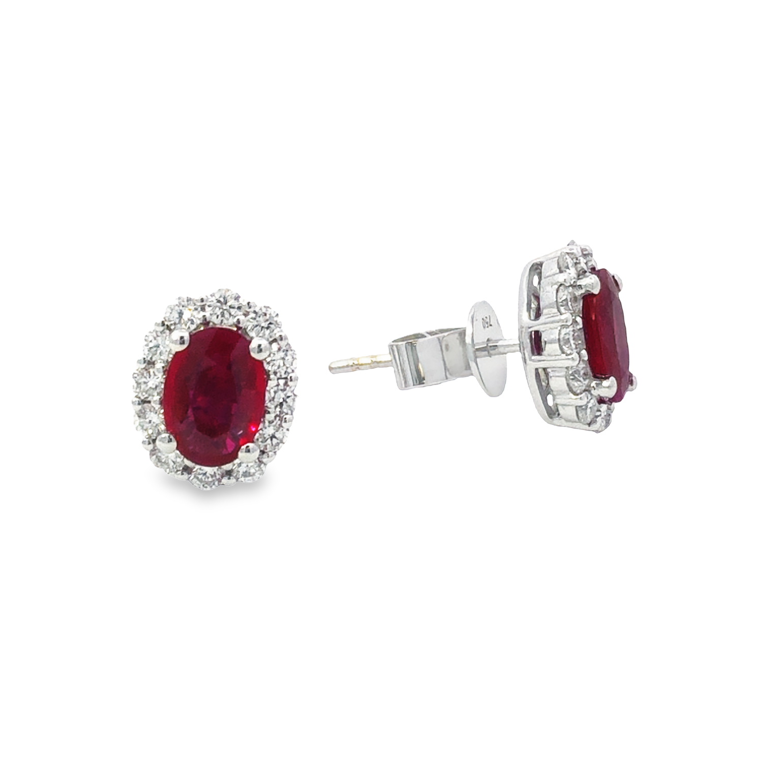 18K White Gold Ruby and Diamond Halo Stud Earrings with 2 Oval Rubies