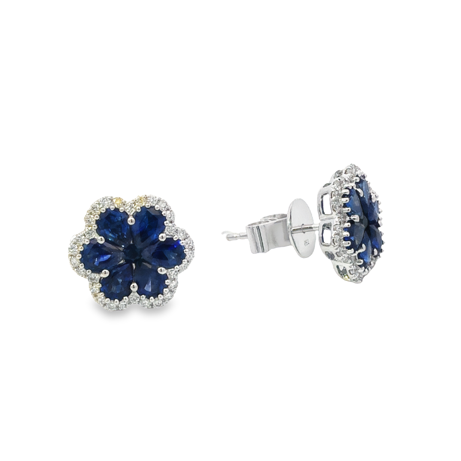 18K White Gold Sapphire and Diamond Flower Stud Earrings
