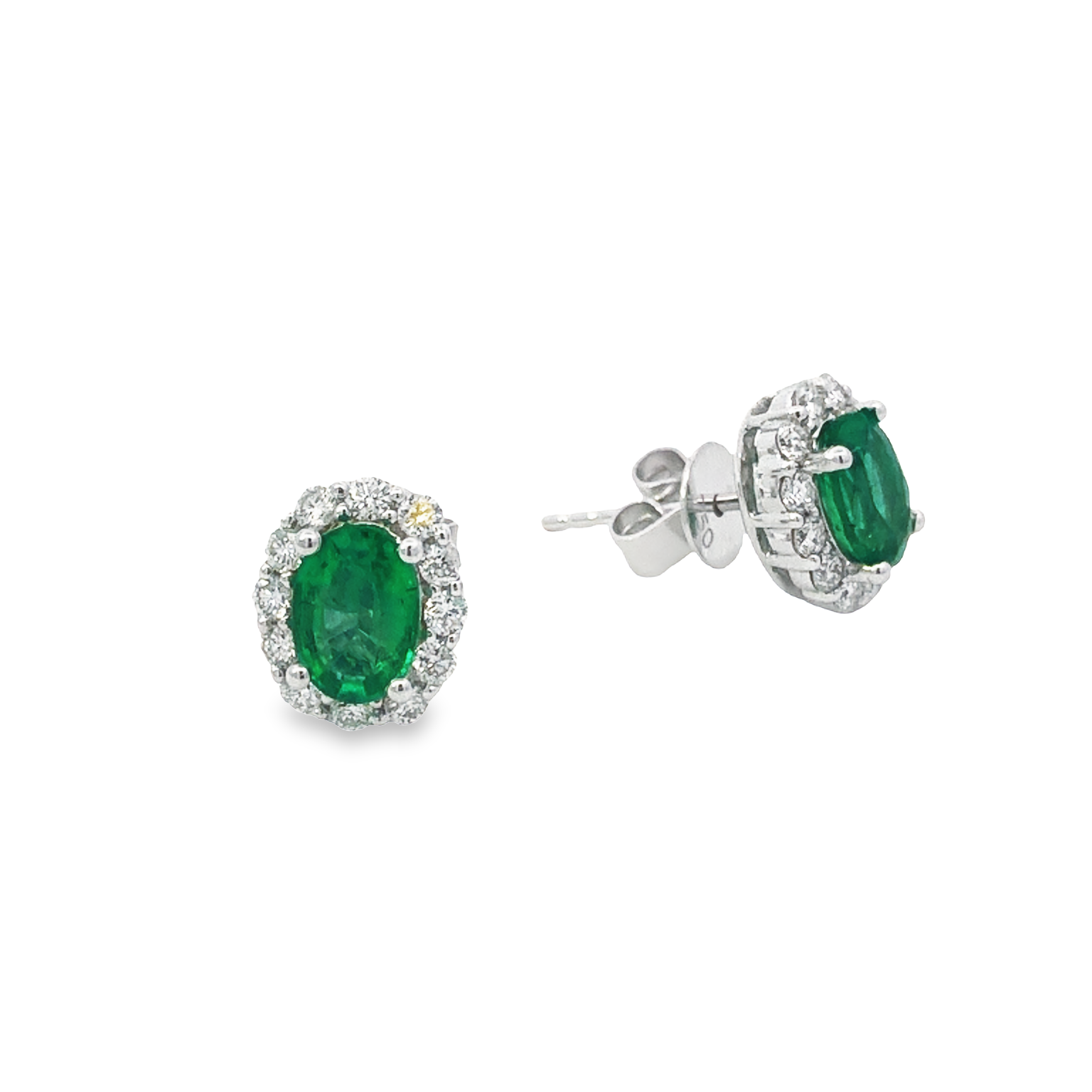 18K White Gold Emerald and Diamond Halo Earrings with 2 Oval Emeralds