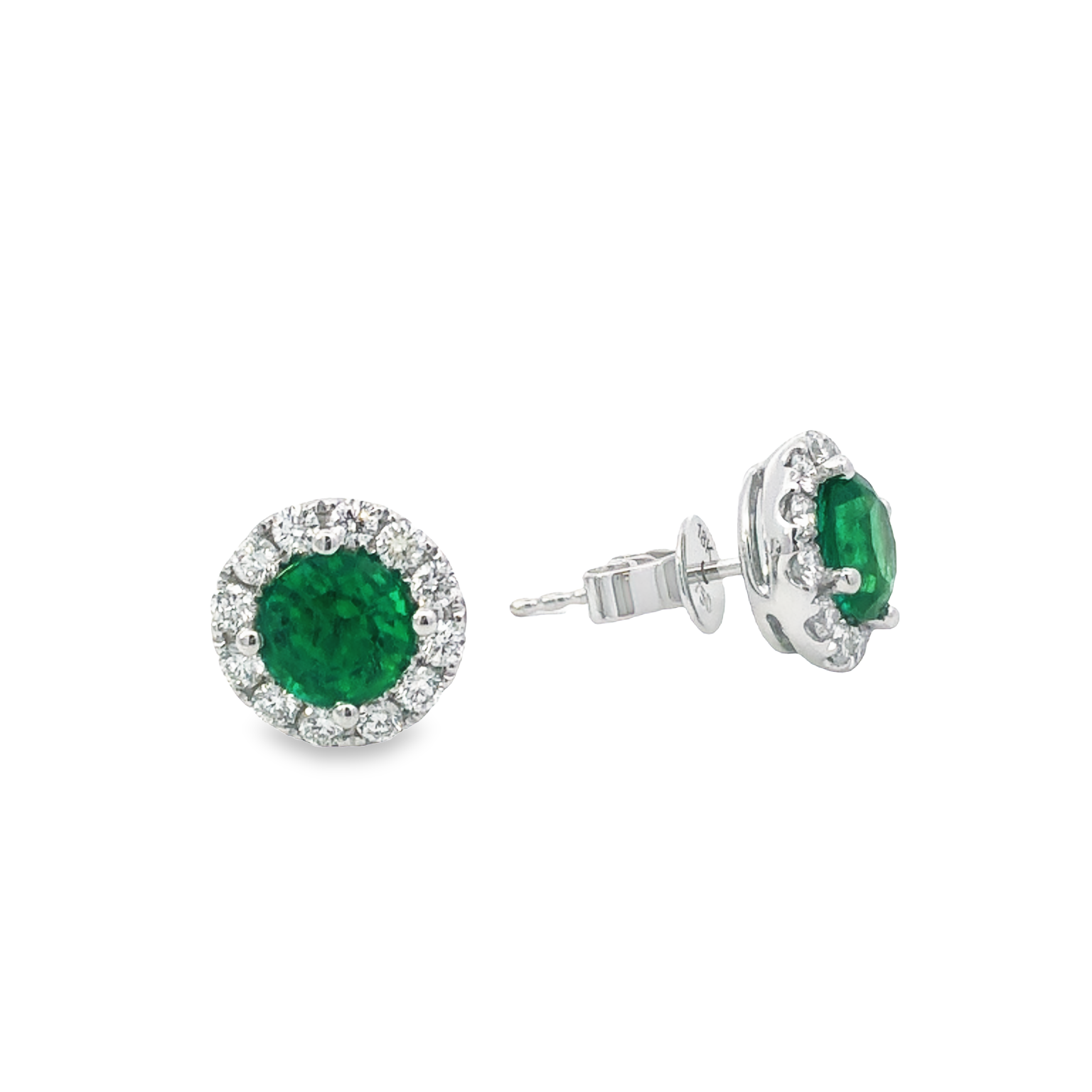 18K White Gold Emerald and Diamond Halo Earrings with 2 Round Emeralds