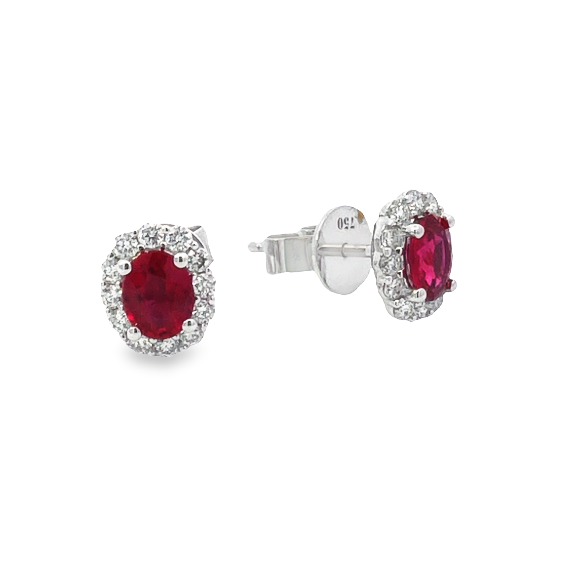 18K White Gold Ruby and Diamond Halo Stud Earrings with 2 Oval Rubies