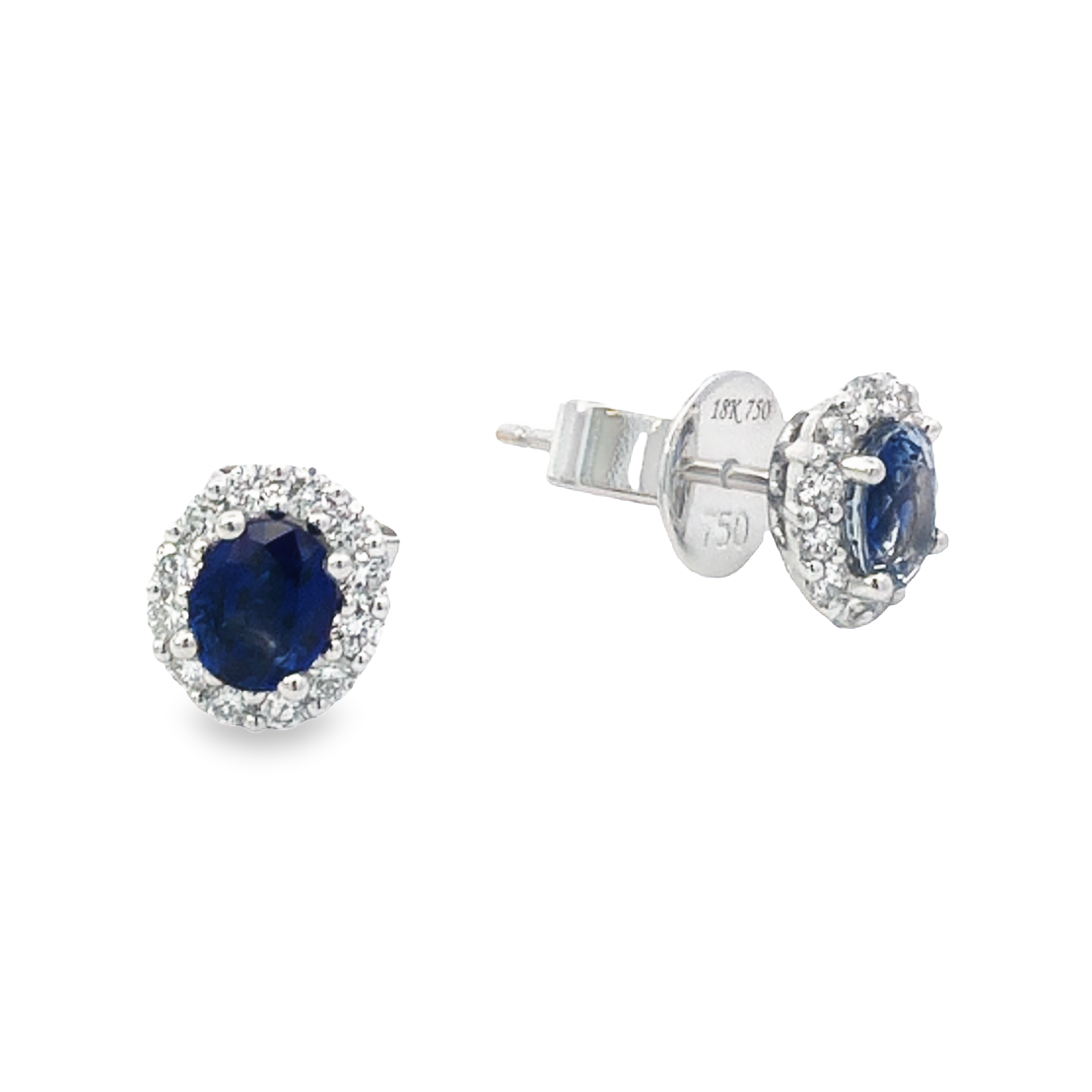 18K White Gold Sapphire and Diamond Halo Stud Earrings with 2 Oval Sapphires