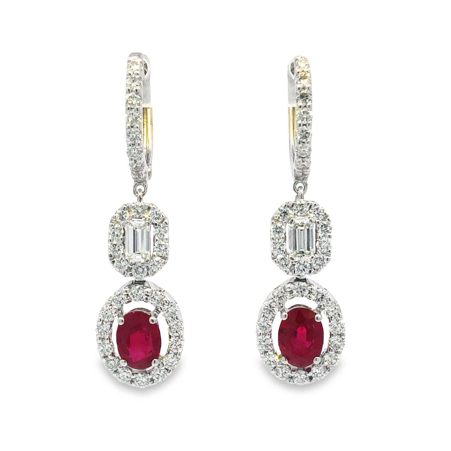 18K White Gold Ruby and Diamond Dangling Earrings with 2 Oval Rubies