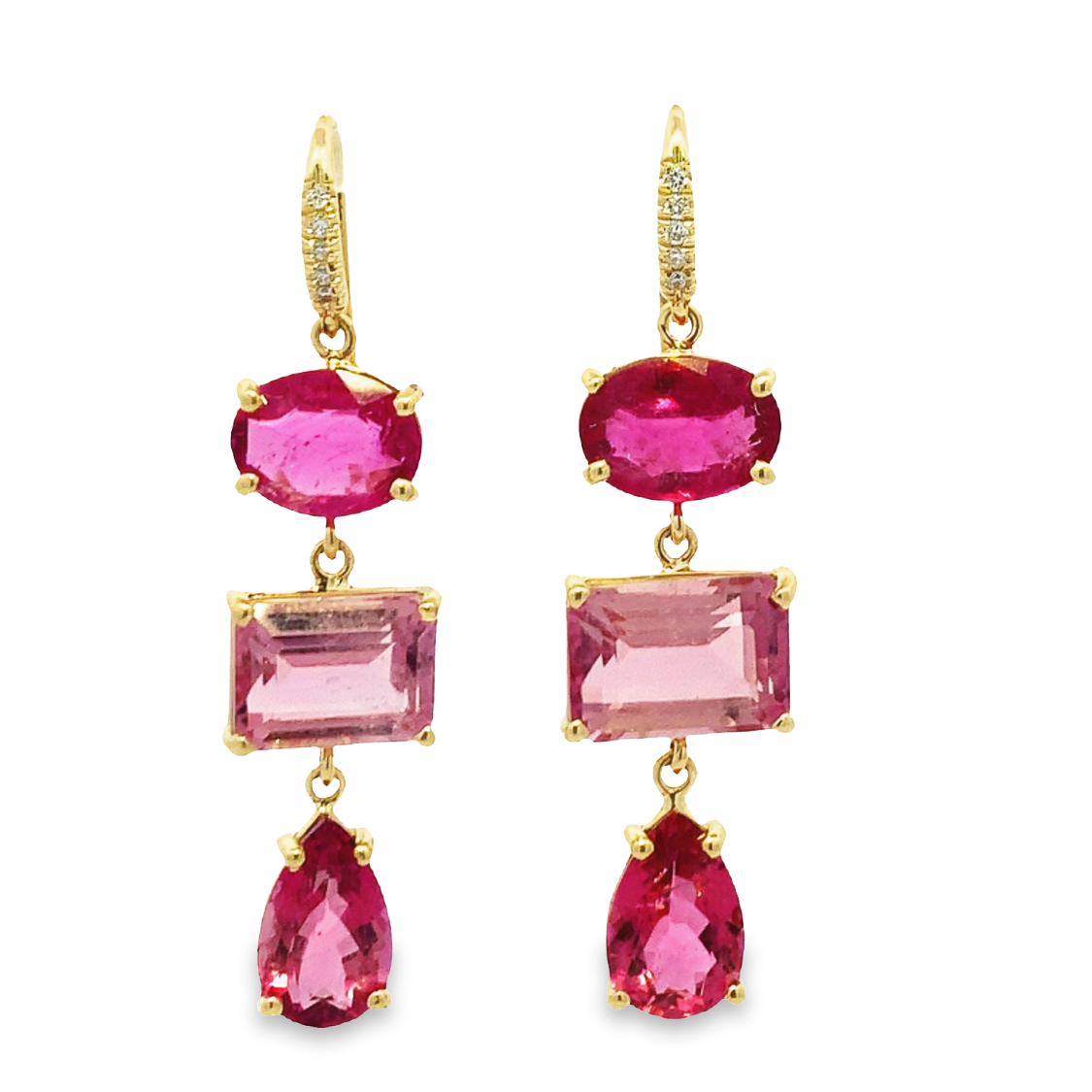 Lauren K 18K Yellow Gold Dangling 3-Stone Pink Tourmaline Earrings