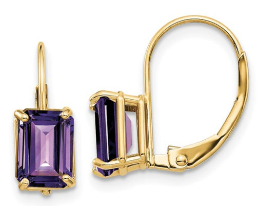 14K Yellow Gold 7x5mm Emerald-Cut Amethyst Leverback Earrings