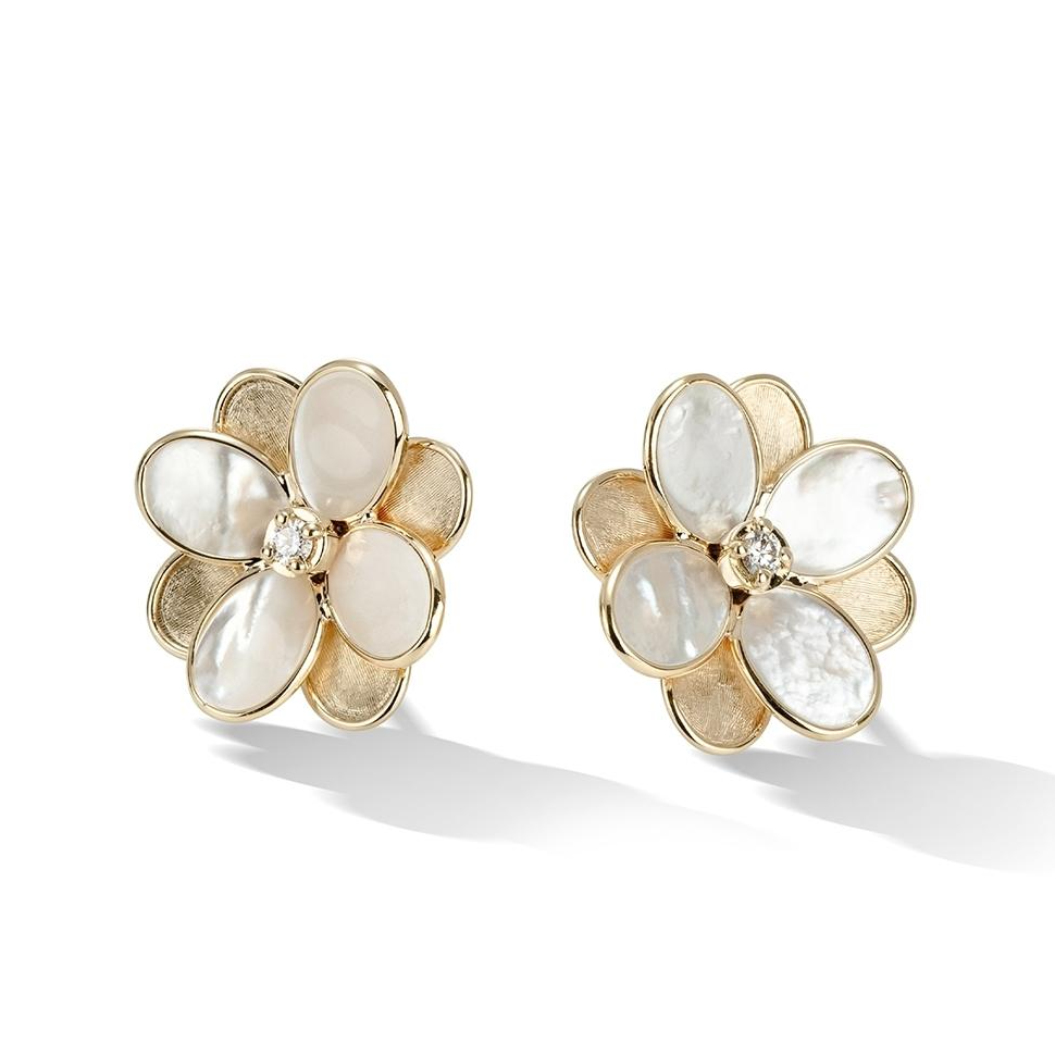 Marco Bicego 18K Yellow Gold Lunaria Collection White Mother of Pearl and Diamond Flower Stud Earrings