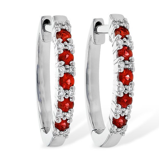 Allison Kaufman 14K White Gold Colored Stone Hoop Earrings with 10 Round Rubies 0.24CTW and 12 Round Diamonds 0.06CTW G I1