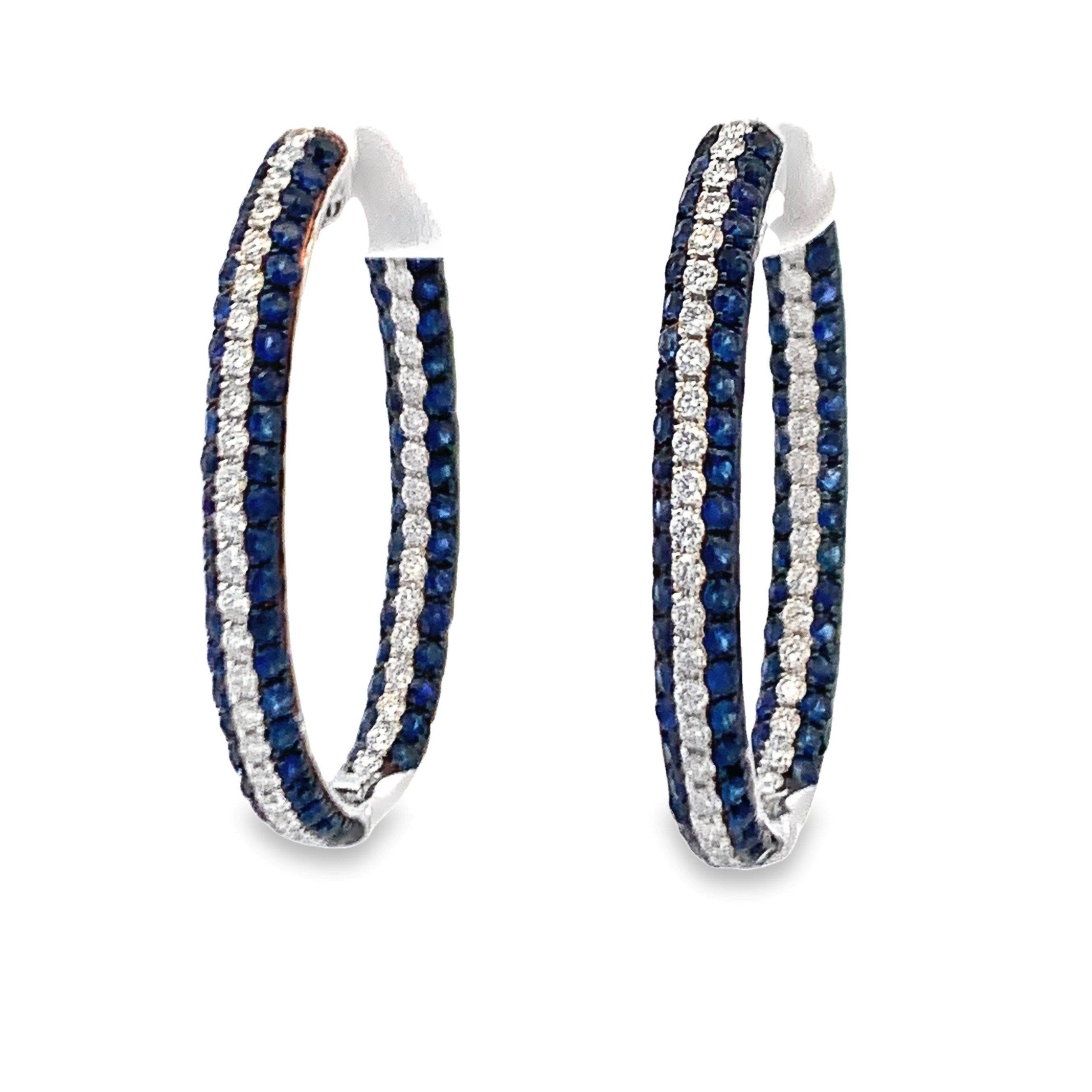 18K White Gold Blue Sapphire Hoops Earrings