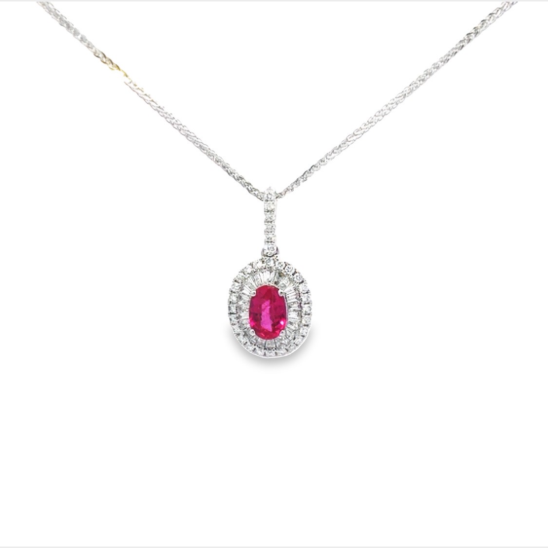 18K White Gold Diamond and Ruby Halo Pendant Necklace