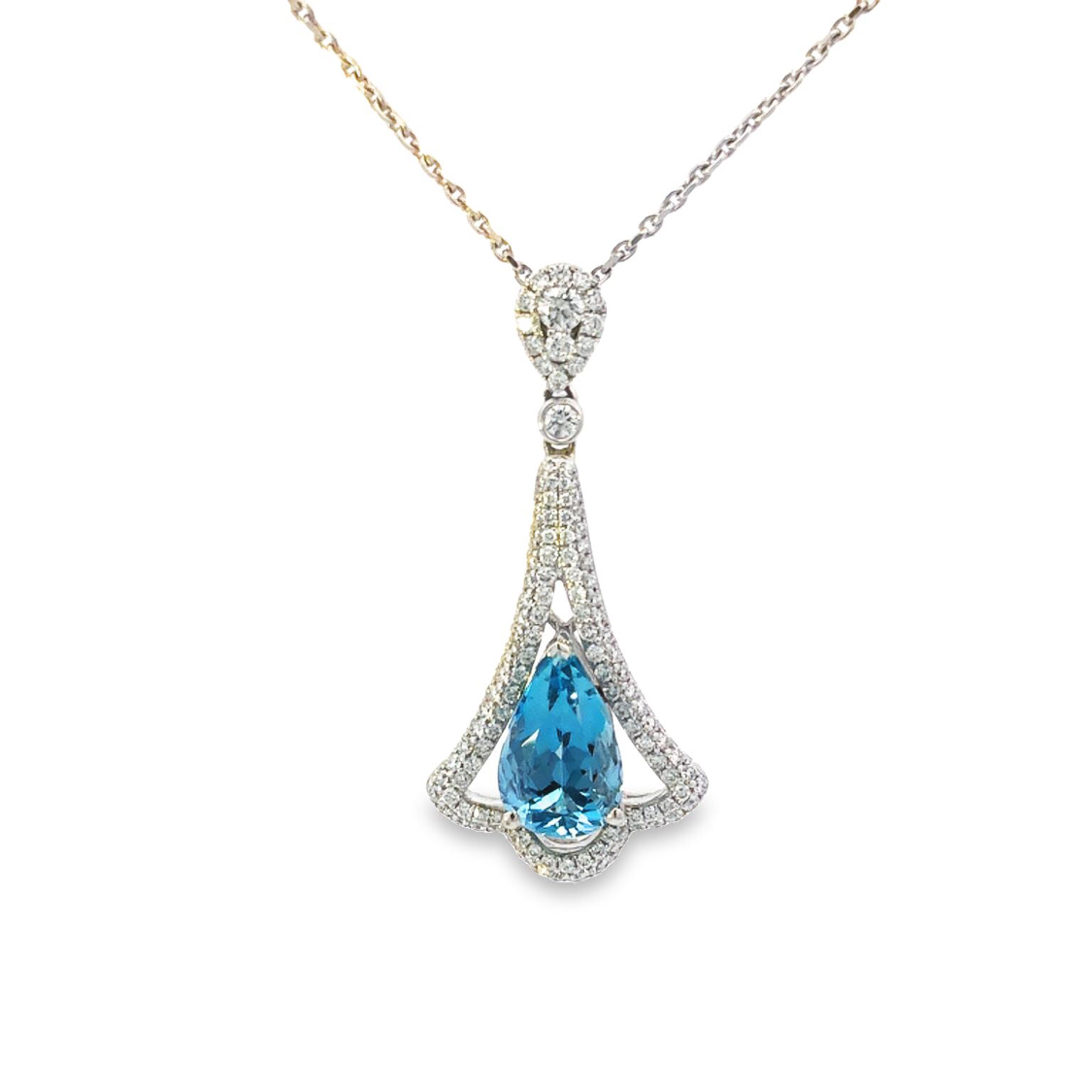 18K White Gold Pendant with 1 Pear Cut Aquamarine 2.41 Cts & 122 Round Diamonds 0.70 Tcw G-H VS