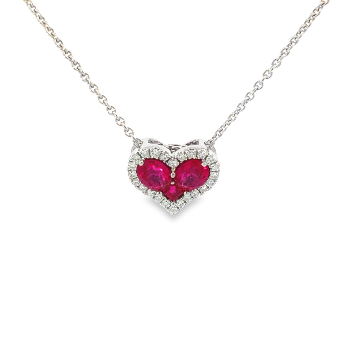18K White Gold Pendant with 3 Rubies (2 Oval & 1 Princess) 0.78 Tcw & 24 Round Diamonds 0.12 Tcw G-H VS