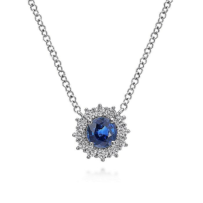 Gabriel & Co. 14K White Gold Pendant with 1 Round Blue Sapphire 0.48 Cts & 12 Round Diamonds 0.19 Tcw H-I SI2